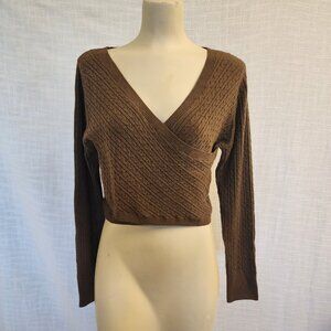 House of Harlow 1960 Womens L Brown Cross Front Knit Ribbed  V-neck Sweater A277